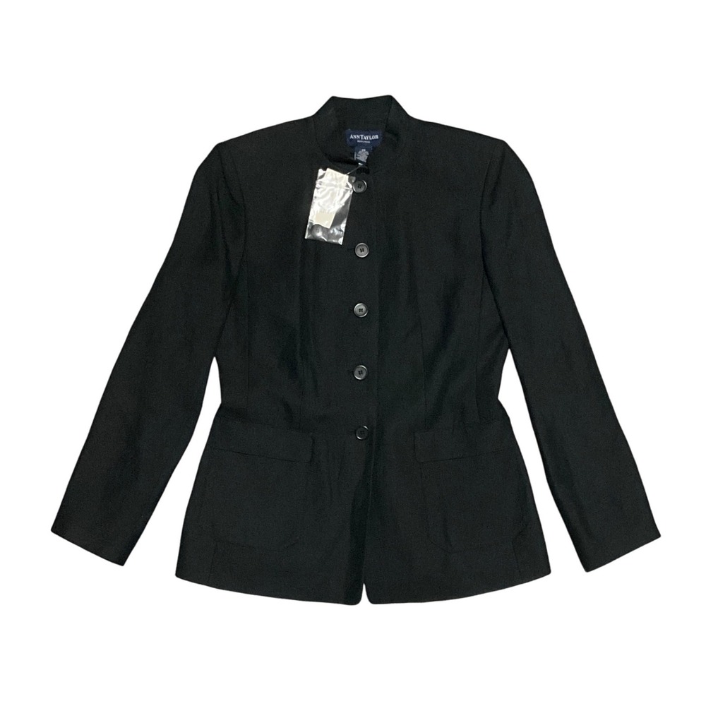 Ann Taylor Petites Black Mandarin Collar Linen Blend Blazer Women 2P Fully Lined